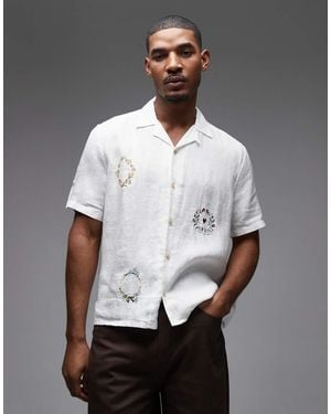 AllSaints Deck Short Sleeve Linen Embroidered Shirt - Grey