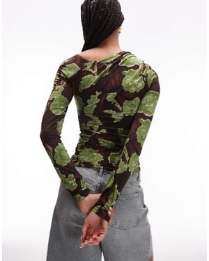 TOPSHOP Asymmetric Slash Neck Floral Print Long Sleeve Top - Green