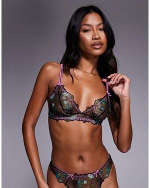 ASOS Jamie Floral Embroidered Longline Triangle Bra With Satin Binding - Brown
