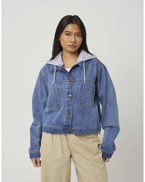 Brave Soul Denim Jacket With Detachable Jersey Hood - Blue