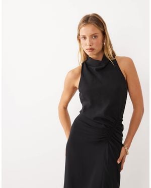 Mango High Neck Ruched Sleeveless Midi Dress - Black
