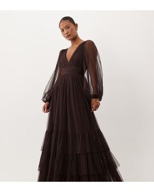LACE & BEADS Lace & Beads Bridesmaid Tulle Sheer Sleeve Plunge Neck Tiered Maxi Dress - Brown