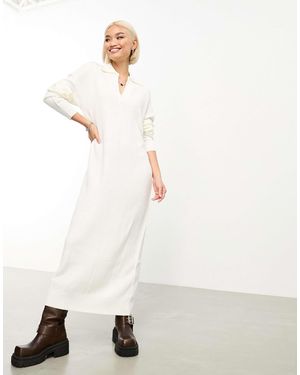 VIOLET ROMANCE V Neck Collared Knitted Midi Jumper Dress - White