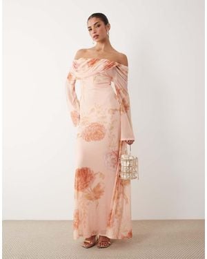 ASOS Mesh Off The Shoulder Draped Neck Long Sleeve Maxi Dress - Pink
