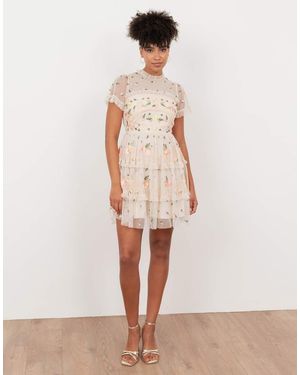 Maya Embroidered Short Sleeve High Neck Mini Dress - Natural