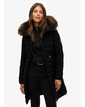 Superdry Fuji Faux Fur Hooded Mid Length Coat - Black