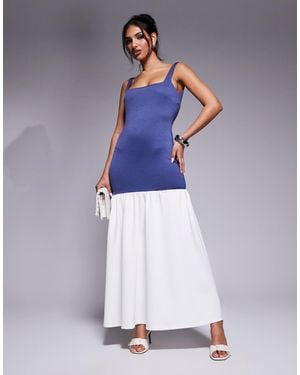 Kaiia Exclusive Square Neck Contrast Drop Waist Maxi Dress - Blue