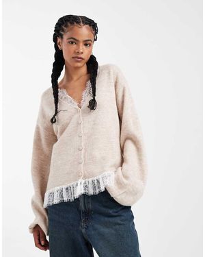 ASOS Knitted Brushed Cardigan With Lace - Blue