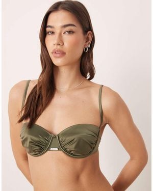 Calvin Klein Luxe Balconette Tie Back Bikini Top With Ruched Detail Inkhaki - Green