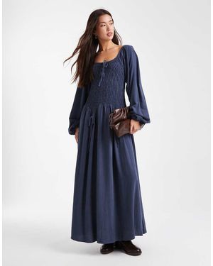Daisy Street Balloon Sleeve Drop Shirred Waist Maxi Dress - Blue