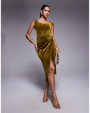 Goddiva Draped Shoulder Velvet Corset Midi Dress - Green