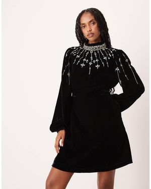 Hope & Ivy Embellished High Neck Velvet Mini Dress - Black