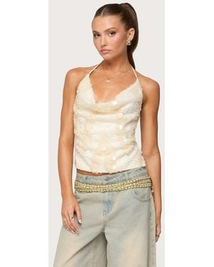Edikted Reid Backless Sequin Cowl Neck Top - Natural