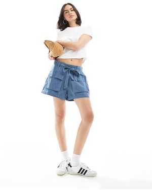 Wednesday's Girl Paperbag Waist Chambray Shorts - Blue