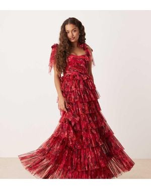 LACE & BEADS Bow Shoulder Tiered Tulle Maxi Dress