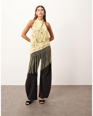 ARRANGE Top long dos nu asymétrique brodé avec ourlet à franges - olive - Vert