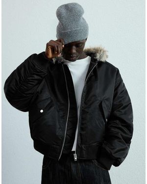 Bershka Technical Jacket With Faux Fur Collar - Black