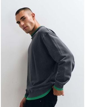 ASOS Sudadera Oversize De Cuello Redondo Con Interior De Rizo, Lavado Ácido Y Efecto De Capas En Canalé En Gris Carbón - Azul