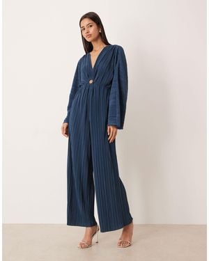 Y.A.S Long Sleeve Gathered Plisse Jumpsuit - Blue