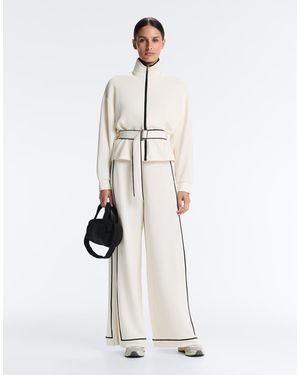 Oysho Soft-touch Modal Wide-leg Trousers With Contrast Piping - White