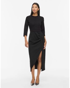 Vila Sleeved Viraffi Vestido Midi Cruzado De Canalé Con Cuello Redondo Y Manga 3/4 En Negro