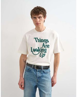 TOPMAN T-Shirt Comoda Écru Con Ricamo "Things Are Look Up" - Bianco
