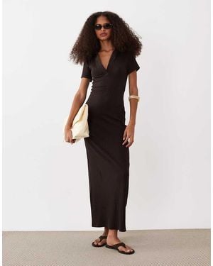 ASOS Ribbed Short Sleeve Polo Midi Dress - Brown