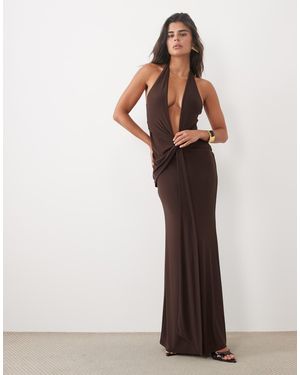 ASOS Plunge Halter Neck Ruched Maxi Dress - Brown