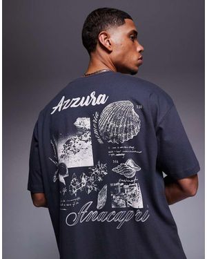 ASOS T-Shirt Oversize Antracite Con Grafica Di Paesaggio - Blu