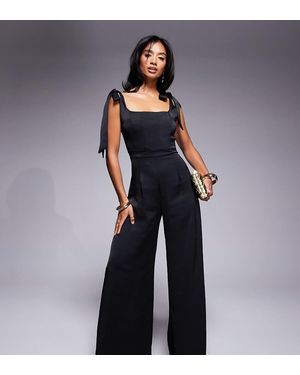 TFNC London Tie Shoulder Satin Wide Leg Jumpsuit - Blue
