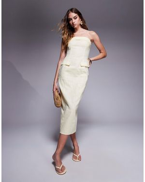Kaiia Exclusive Linen Look Tailored Fold Over Bandeau Pocket Detail Midaxi Dress - Blue