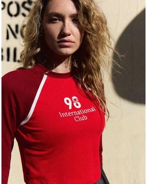 Bershka Long Sleeve Raglan Print T-shirt - Red