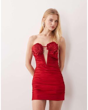 JW PEI Bandeau Corsage Applique Bust Detail Plunge Cut Out Ruched Mini Dress - Red