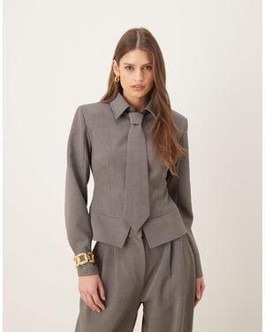 Wanderdoll Exclusive Gabriella Zip Through Shirt With Removable Tie Co-Ord - Brown