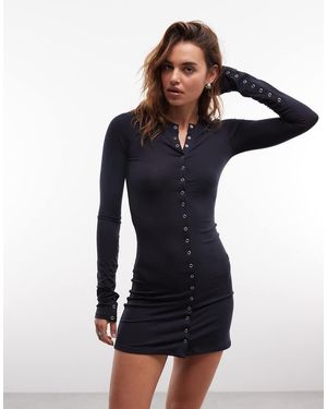 Weekday Long Sleeve Mini Dress With Press Stud Detail - Blue