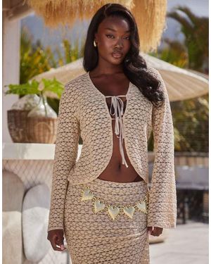South Beach Popcorn Knit Tie Front Long Sleeve Beach Top - Brown