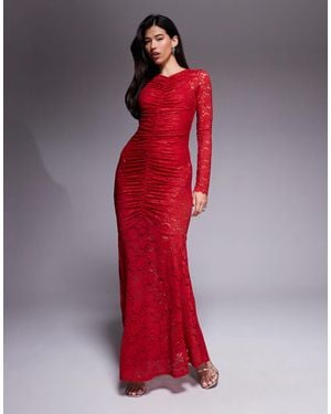 AFRM Lace Ruched Long Sleeve Maxi Dress With Bodysuit - Red