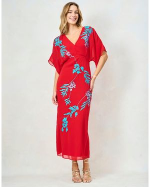 Hope & Ivy The Inara Embroidered V-Neck Midi Dress With Tie Back
