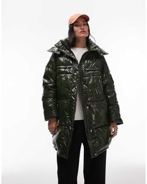 TOPSHOP Mid Length Hooded Puffer Jacket - Green