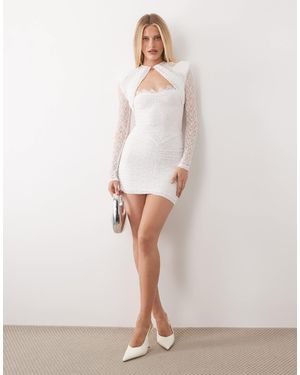 Ruched & Ready Removable Shoulder Pad Detail Cutout Sweetheart Sculpting Lace Mini Dress - Gray