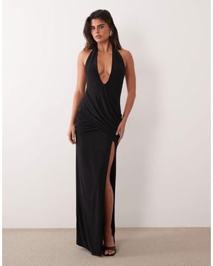 Missy Empire Slinky Halter Plunge Neck Maxi Dress With Side Split - Black
