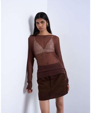 TOPSHOP Knitted Sheer Cinch Waist Top - Brown