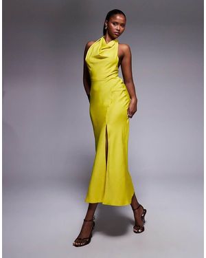 ASOS Satin High Neck Midi Dress With Cross Strap Detail - Yellow