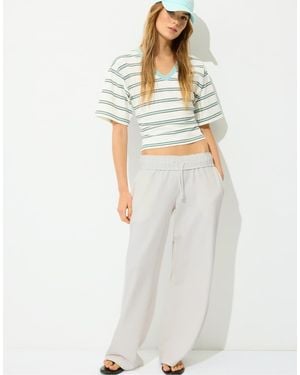 Stradivarius Striped V-neck Kimono Sleeve T-shirt - White