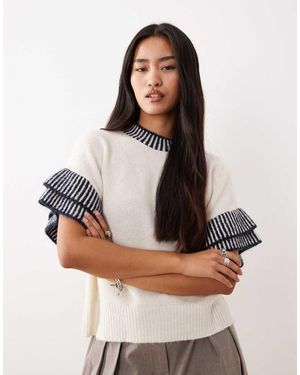 Y.A.S Gebreide Hemdje Van Wolmix Met Contrasterende Randen - Wit