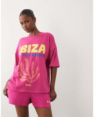 Kaiia Oversized T-Shirt Met Hoog Katoenpercentage En Ibiza-Print - Roze