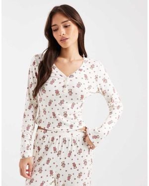 Miss Selfridge Teddy Bear Print Mix And Match Pyjama Henley Top - White