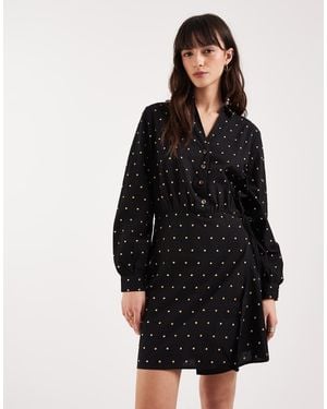 Never Fully Dressed Cotton Iron-on Detailing Mini Wrap Shirt Dress - Black