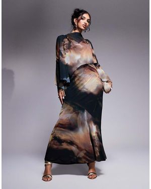 DASKA Vestido Largo Oscuro Estampado De Chifón De - Gris