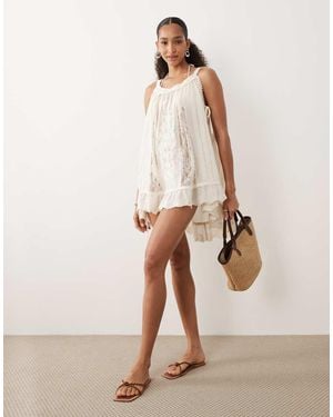 Miss Selfridge Beach Tie Side Lace Embroidered Mini Dress - Natural